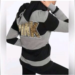 PINK VS Full Zip Gold Sequin Logo Blk & Gray Striped Hoodie